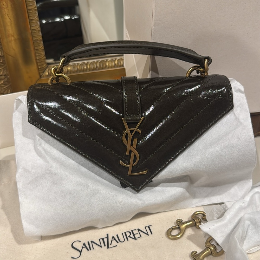 Authentic YSL COLLEGE MINI CHAIN BAG SHINY CRACKLED LEATHER - olive (2025)